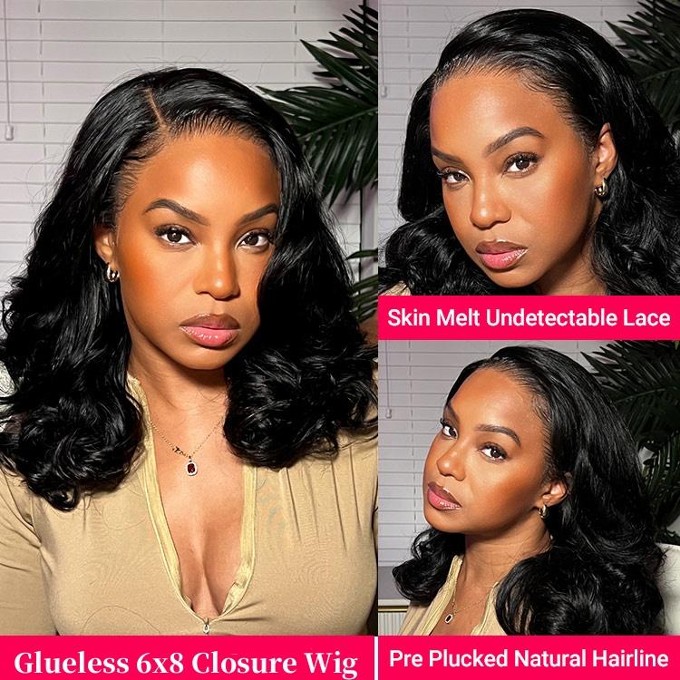 250% Density Side Part Glueless Layered Cut Wig 6x8 Lace Closure Wig Body Wave Pre Cut Pre Bleached Ready Go Wigs